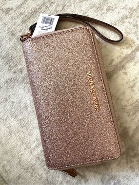 Michael Kors Rose Gold Glitter Zip Wristlet NWT